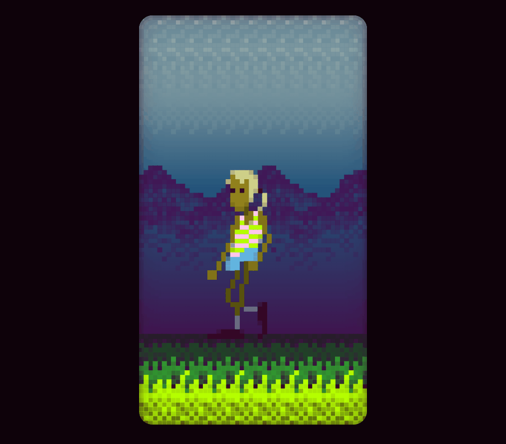 a 8-bit pixel art girl walking in front of a mountain range