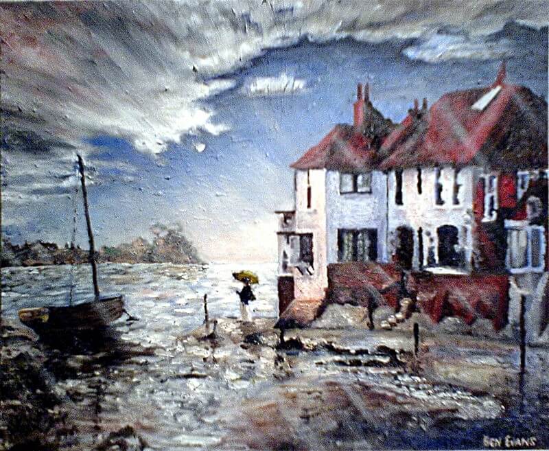 An oil painting of Bosham in the rain.