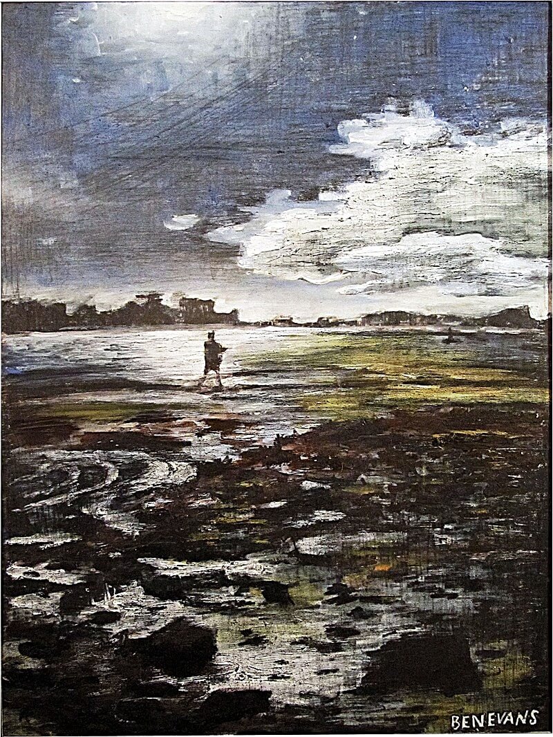 A painting of Bosham at low tide in low sun.